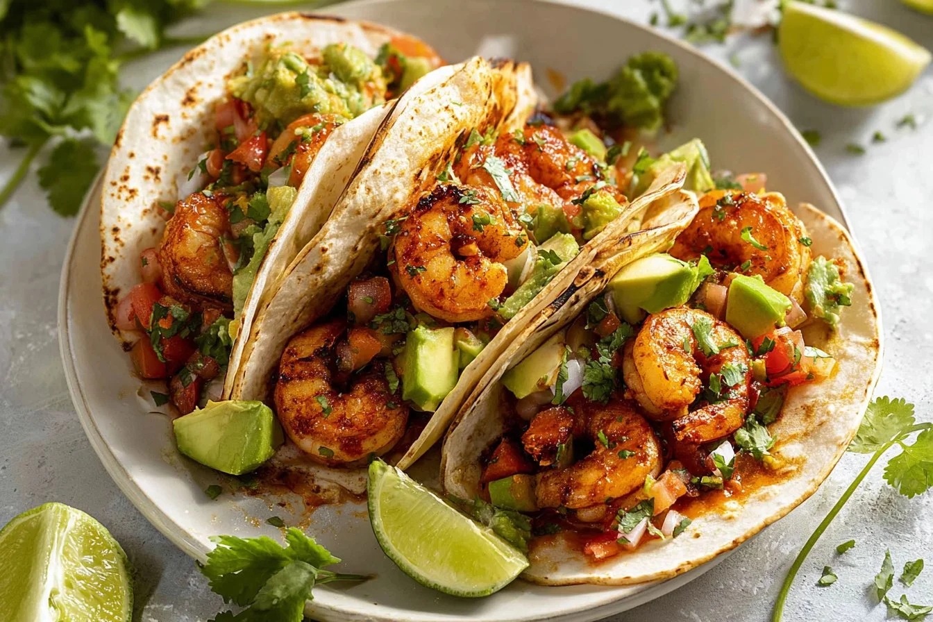 Delicious easy shrimp tacos garnished with fresh ingredients