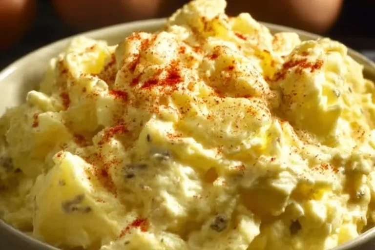 Bowl of easy Southern potato salad garnished with herbs