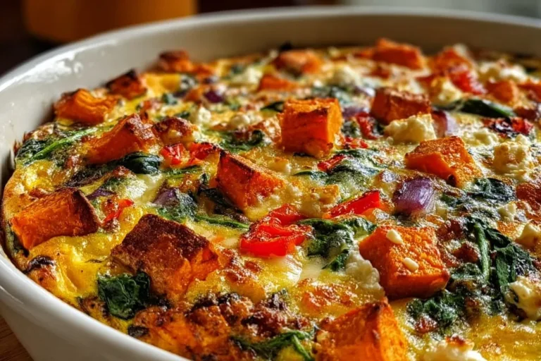 Delicious easy sweet potato egg casserole topped with spices and herbs