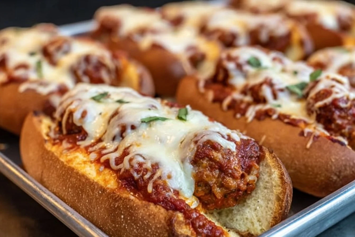 Easy weeknight meatball subs with marinara sauce and cheese on a toasted bun.