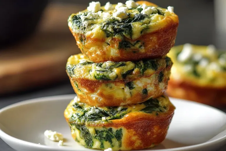 Healthy egg muffins with spinach and feta cheese on a plate