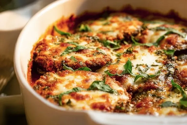 Delicious Eggplant Parmesan topped with cheese and spinach layers
