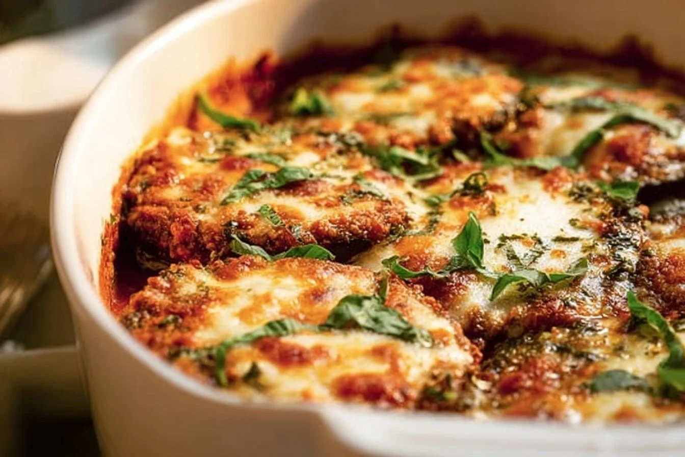 Delicious Eggplant Parmesan topped with cheese and spinach layers