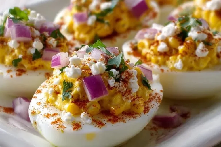 Elote deviled eggs topped with corn, cheese, and spices for a festive appetizer