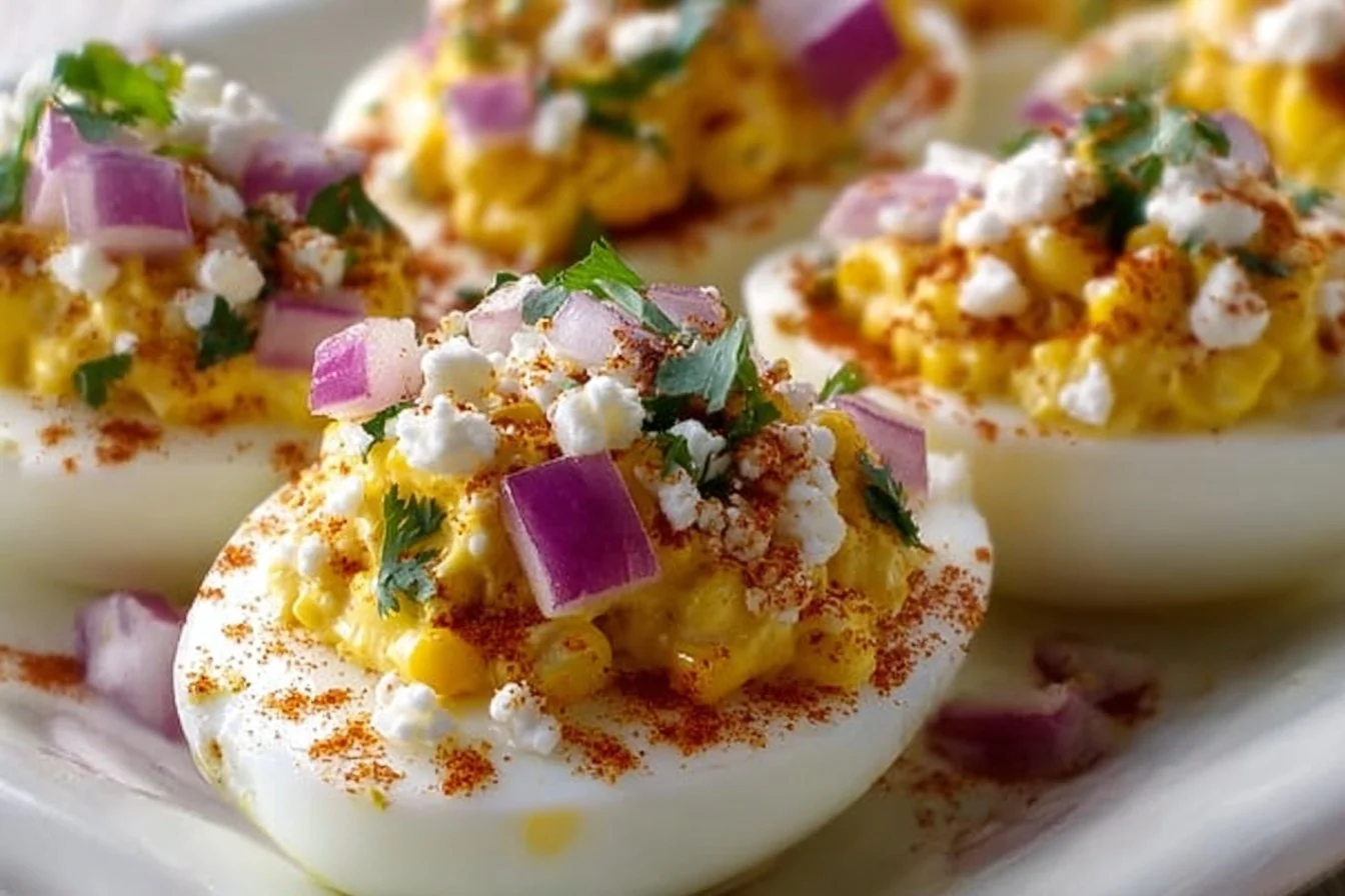 Elote deviled eggs topped with corn, cheese, and spices for a festive appetizer