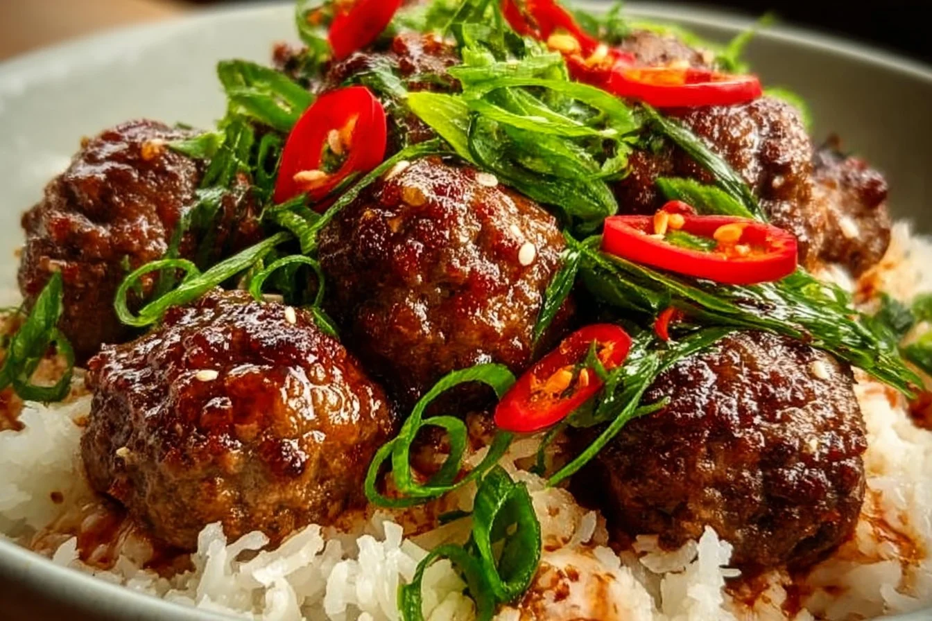 Delicious firecracker meatballs served with coconut rice on a plate