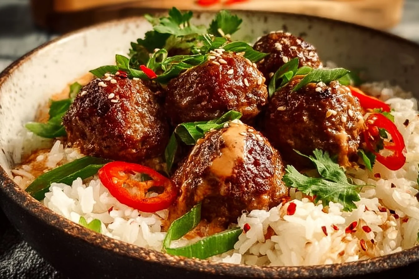 Firecracker Meatballs with Coconut Rice