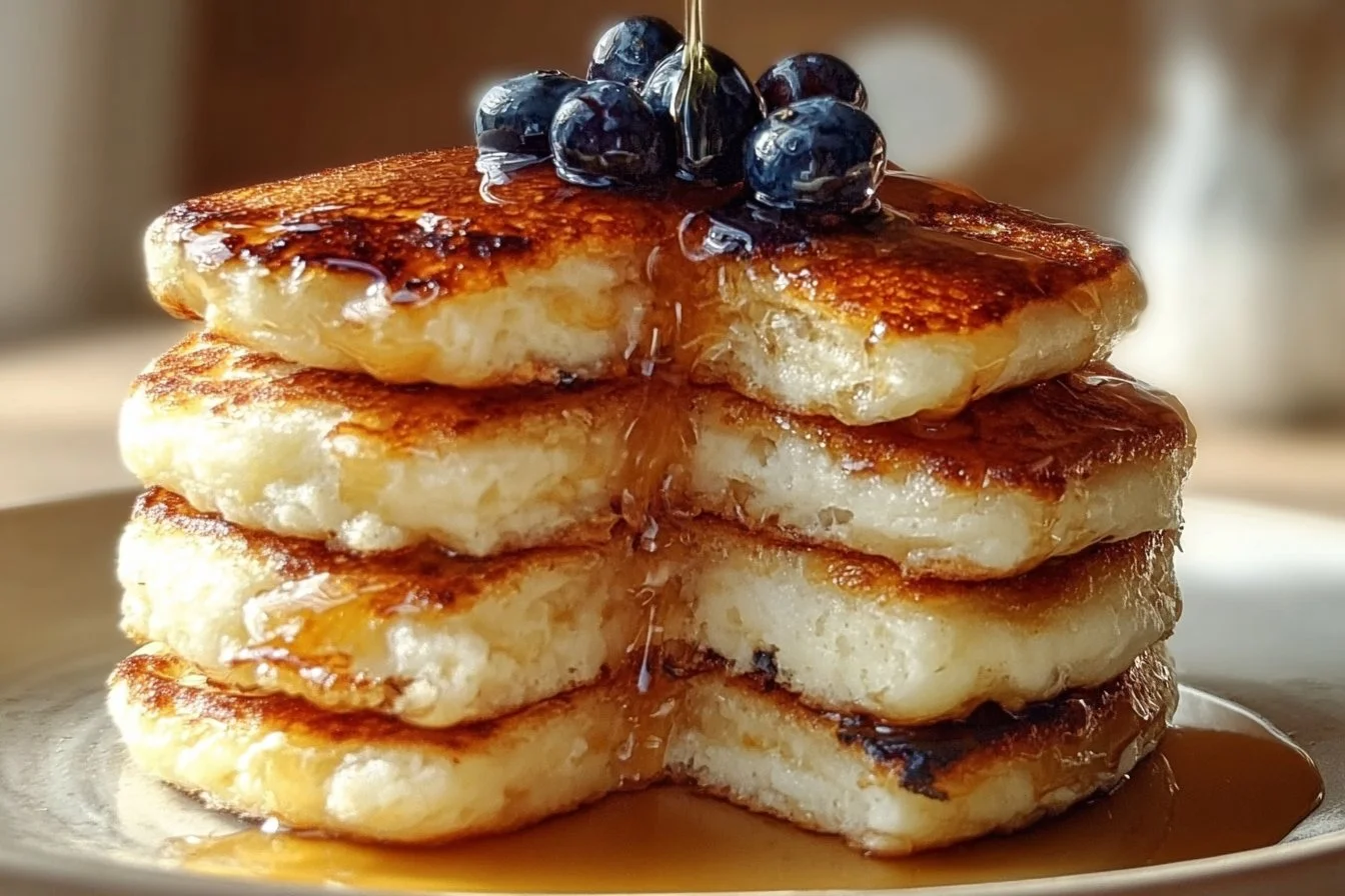 Fluffy cottage cheese pancakes stacked on a plate with syrup and berries