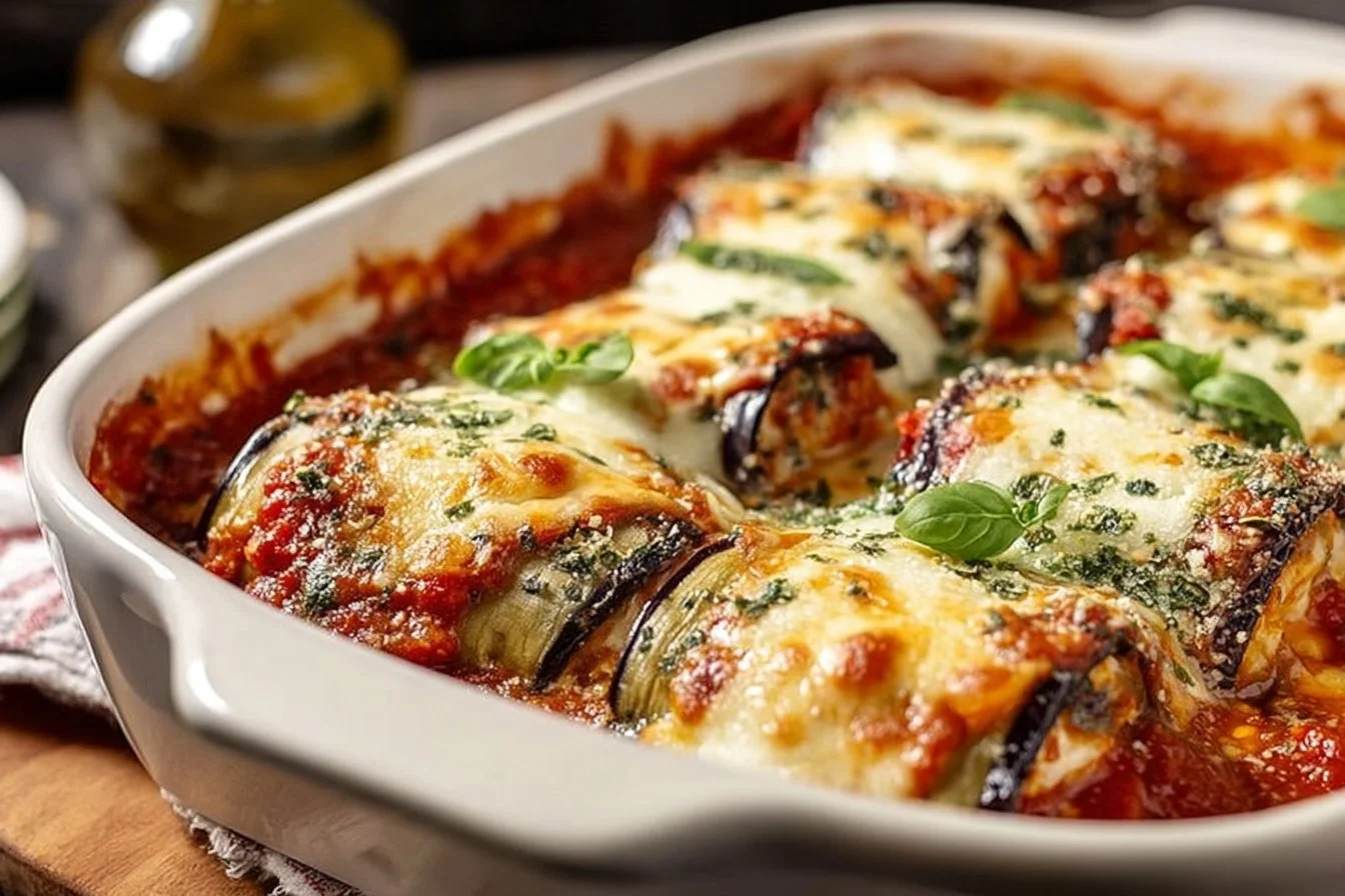 Fluffy Eggplant Rollatini Bake topped with marinara sauce and cheese