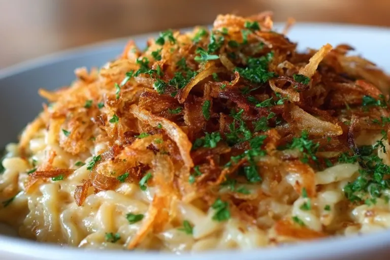 Delicious French Onion Chicken Orzo Casserole served in a baking dish