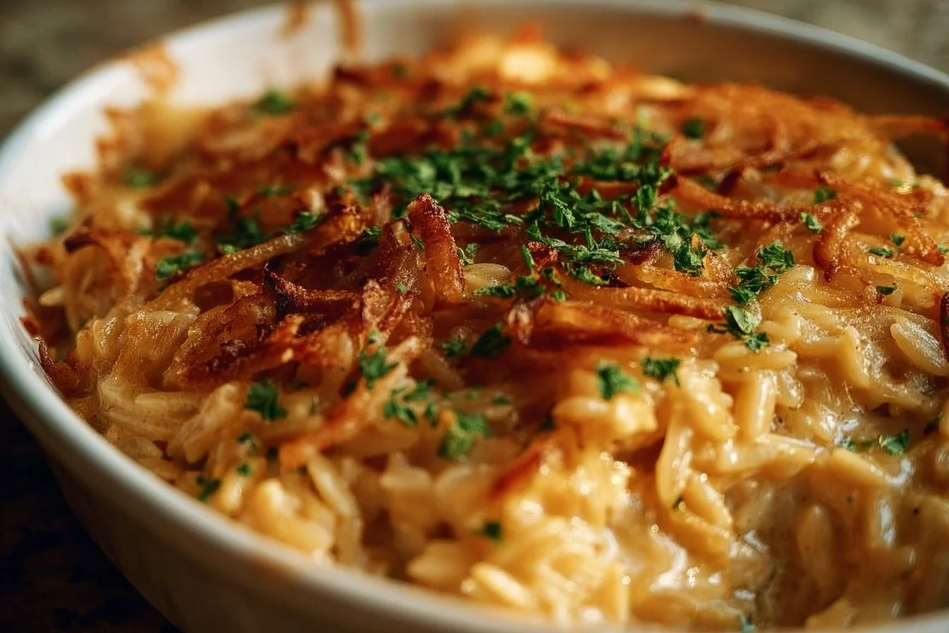 French Onion Chicken Orzo Casserole