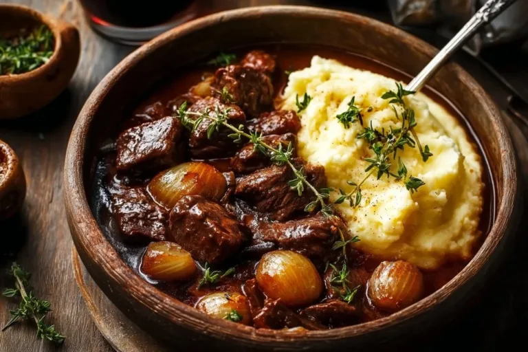 Bowl of French-Style Beef Stew garnished with herbs and vegetables