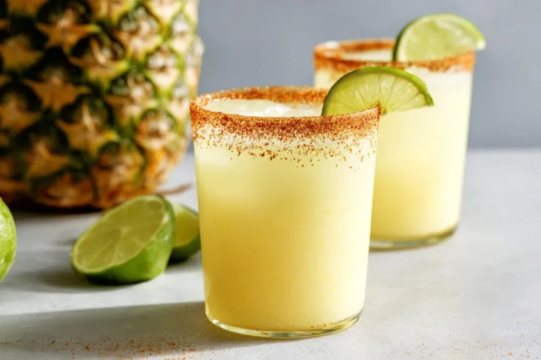 Refreshing Frozen Pineapple Margaritas in a glass with a tropical garnish.