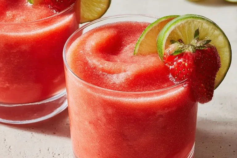 Refreshing Frozen Virgin Strawberry Margarita in a glass with fresh strawberries