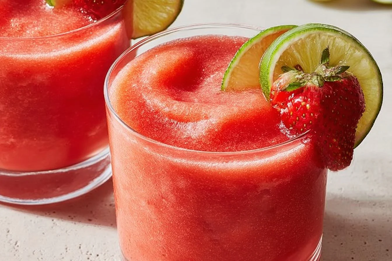 Refreshing Frozen Virgin Strawberry Margarita in a glass with fresh strawberries