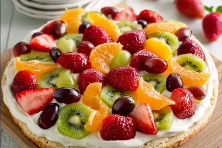 Delicious fruit pizza topped with a variety of fresh fruits