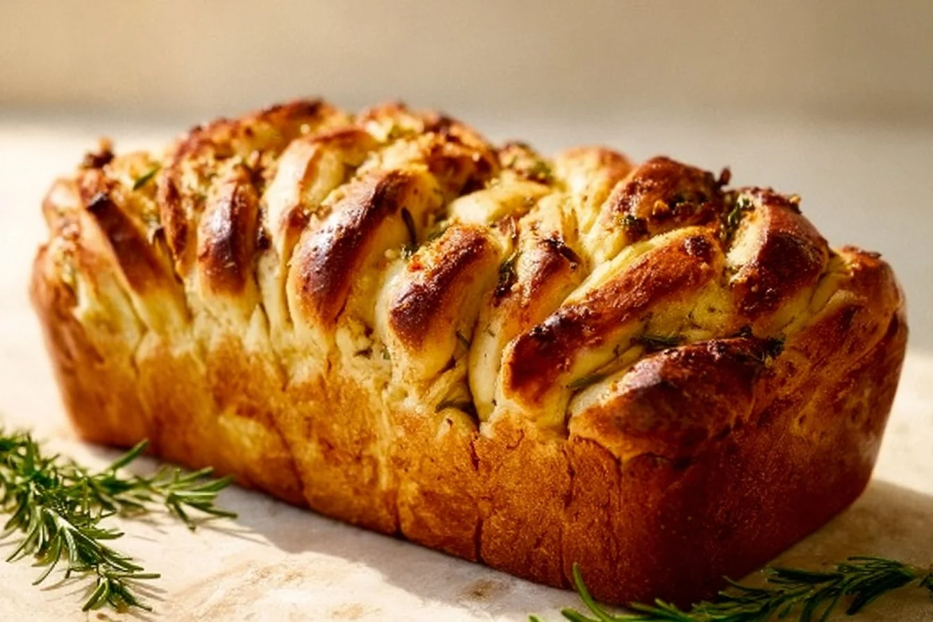 Garlic and rosemary cheese pull apart bread on a wooden table