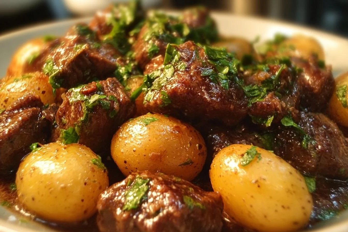 Plate of Garlic Butter Beef Bites with seasoned potatoes