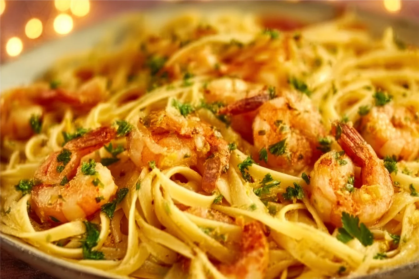 Plate of Garlic Butter Shrimp Pasta topped with parsley and Parmesan cheese