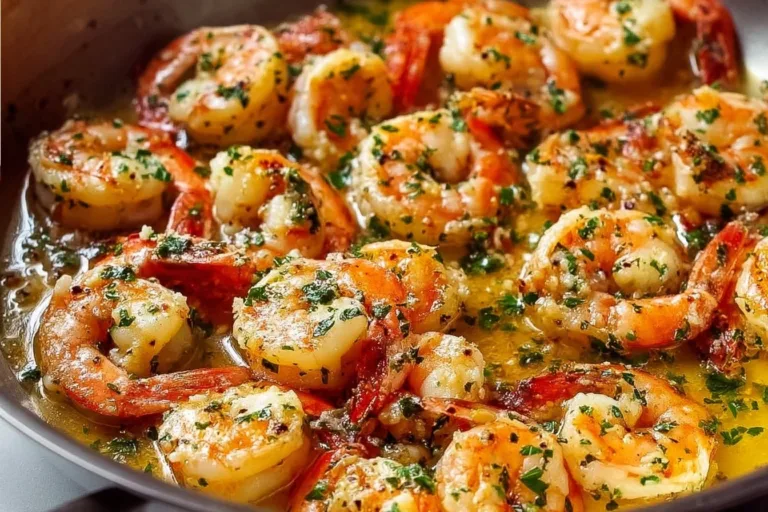 A plate of garlic butter shrimp scampi garnished with parsley.