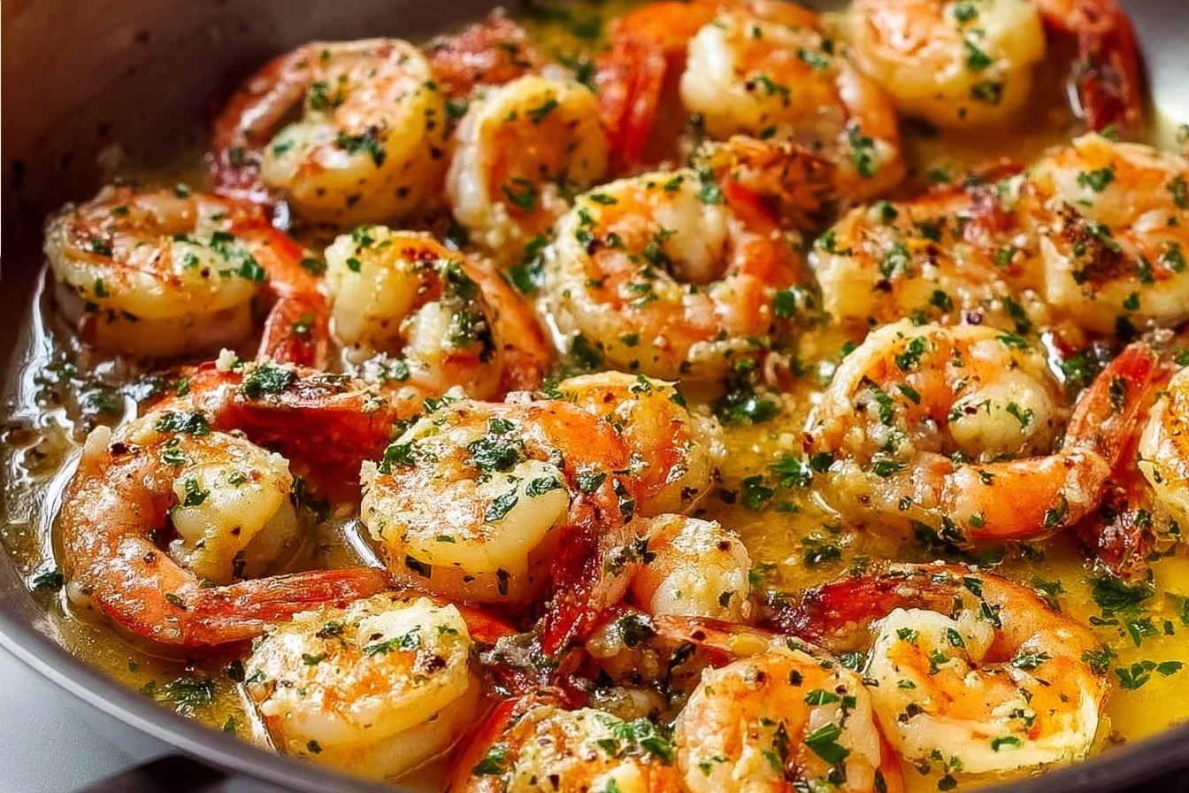 A plate of garlic butter shrimp scampi garnished with parsley.