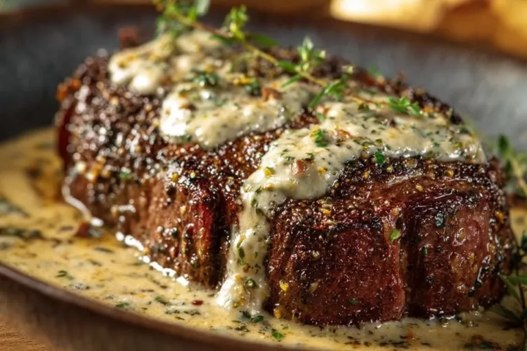 Delicious garlic butter steak served with creamy Parmesan sauce.