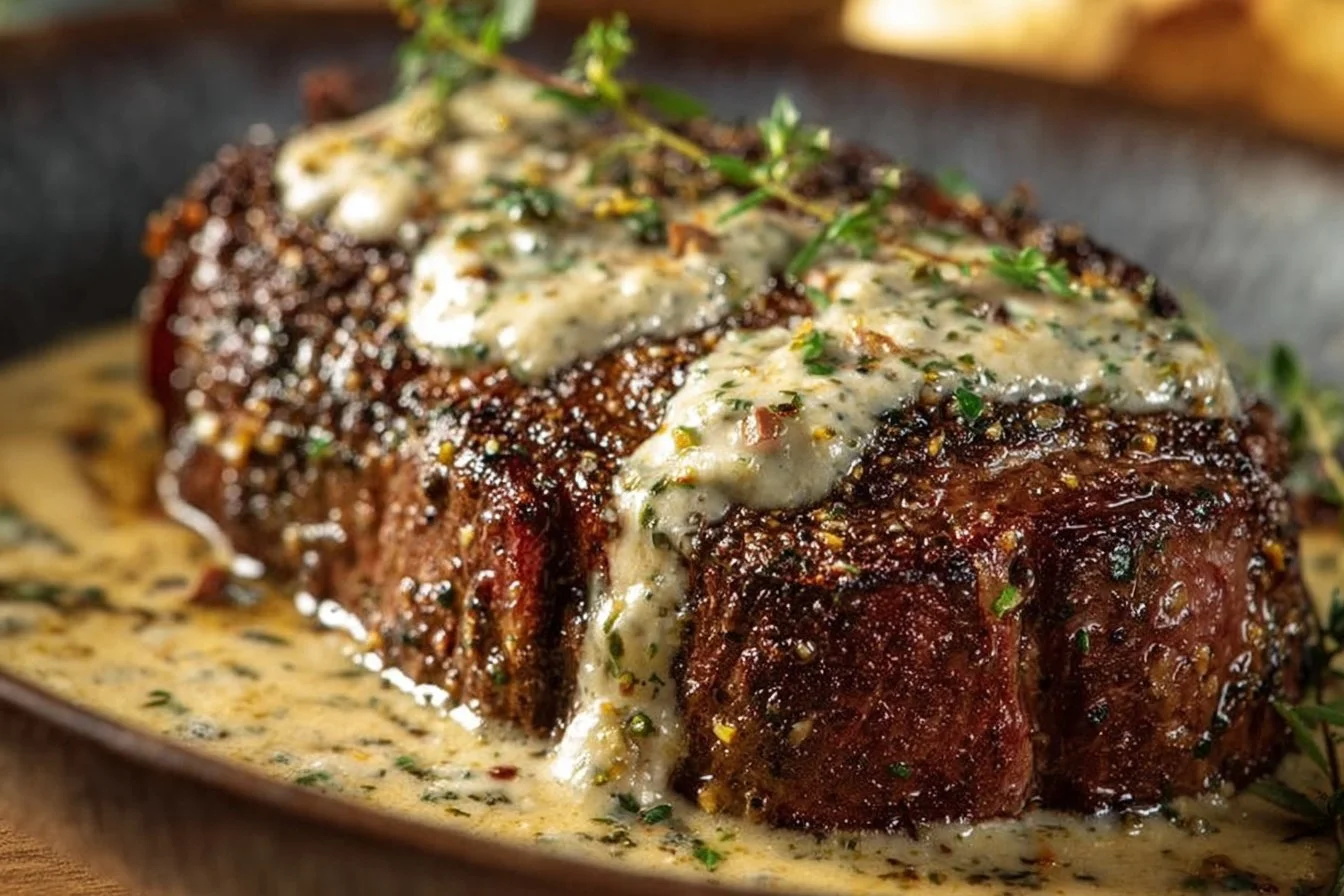 Delicious garlic butter steak served with creamy Parmesan sauce.