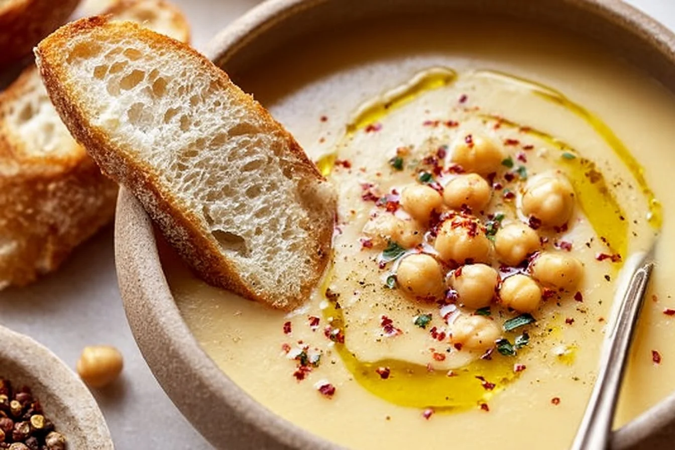 Bowl of garlic chickpea soup garnished with herbs and served with bread.