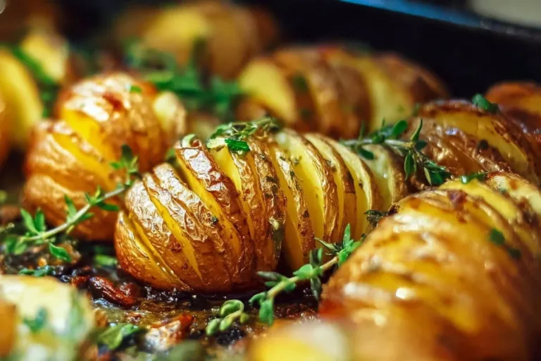 Garlic Herb Hasselback Potatoes topped with fresh herbs and garlic.