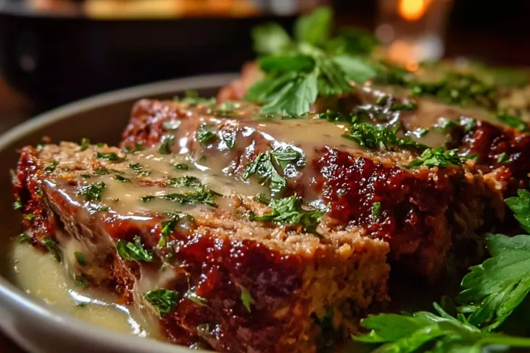 Garlic Parmesan Chicken Meatloaf served with herbs and cheese garnish.
