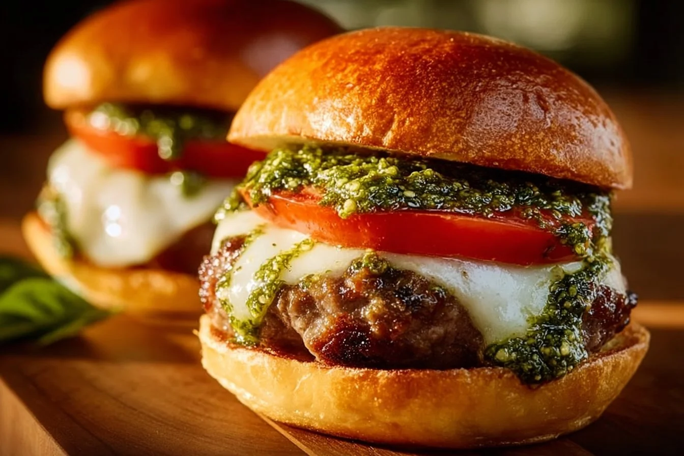 Delicious Garlic Pesto Caprese Burger topped with fresh mozzarella and basil