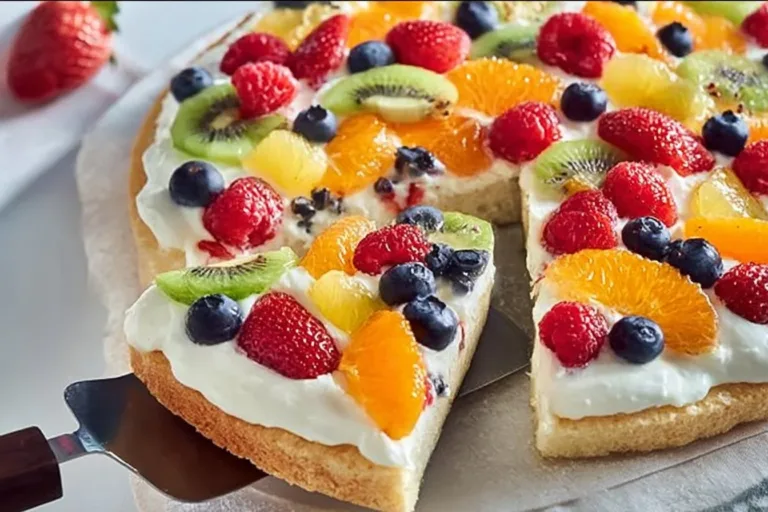 Delicious gluten-free fruit pizza topped with fresh fruit