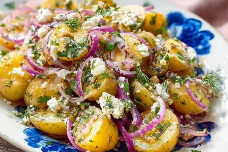 Delicious Greek Potato Salad garnished with olives and herbs