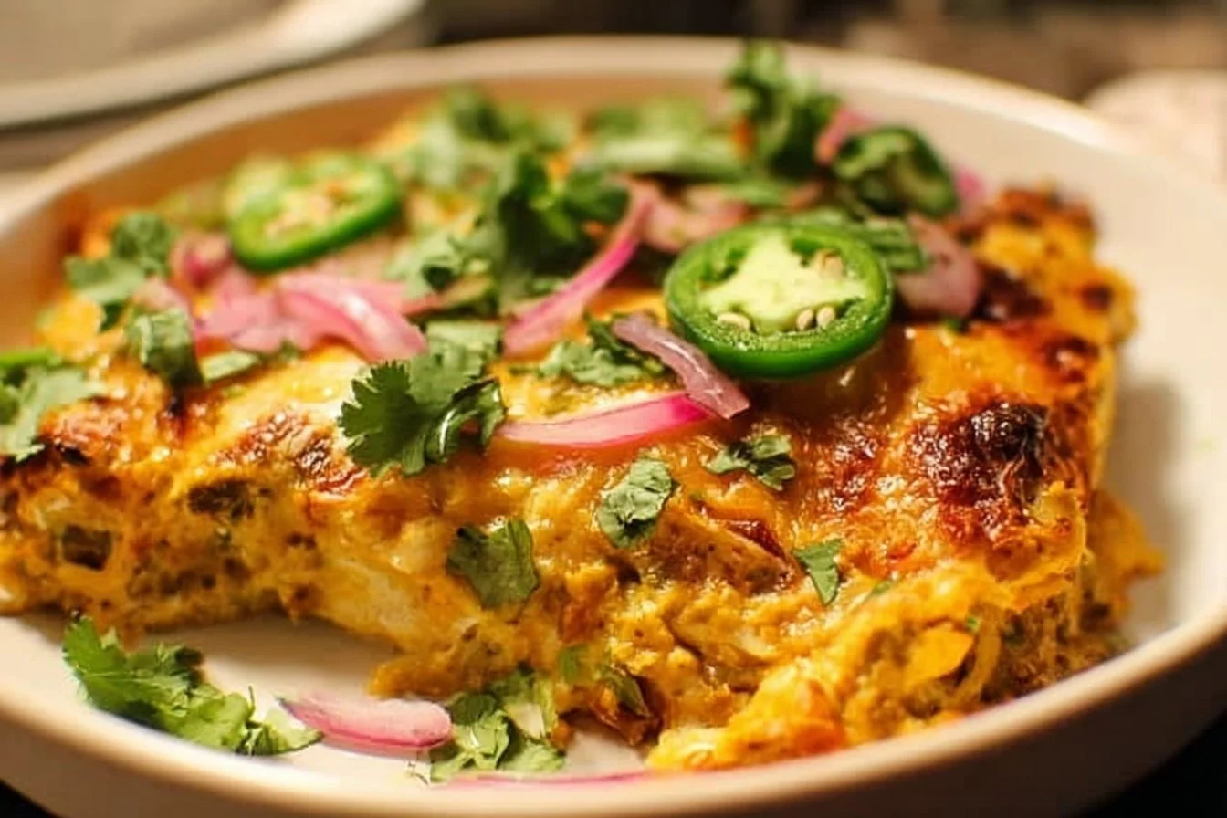 Delicious Green Sauce Chicken Casserole baked until bubbly and golden