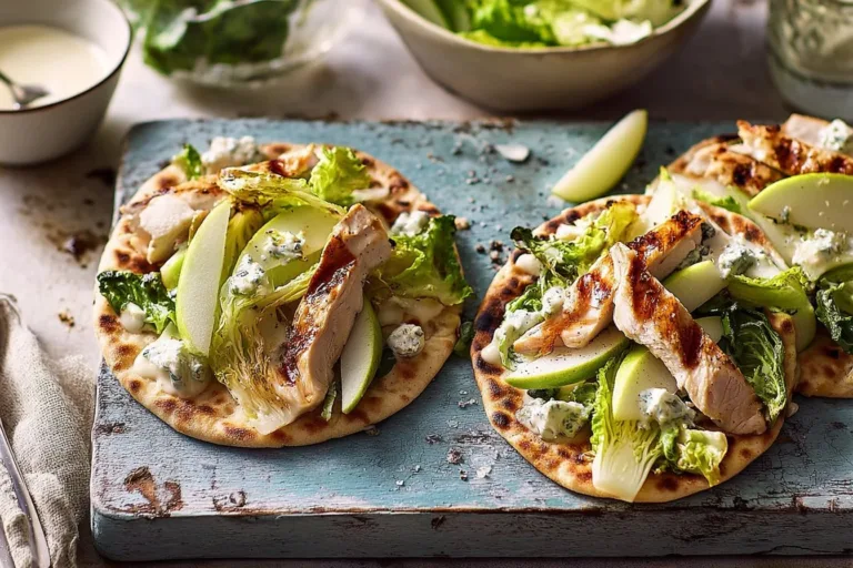 Grilled Chicken Caesar Salad served with herby flatbreads on a wooden table
