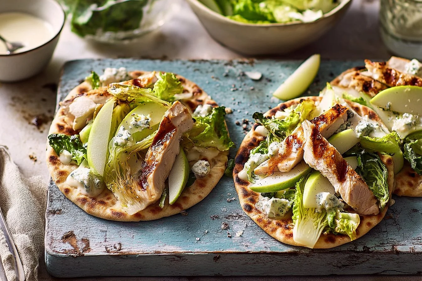 Grilled Chicken Caesar Salad served with herby flatbreads on a wooden table