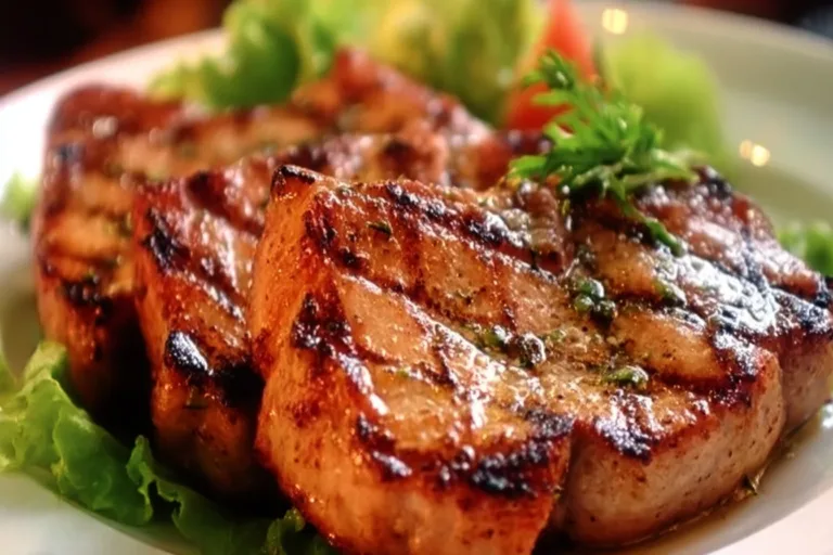 Marinated grilled pork chops served on a plate with fresh herbs