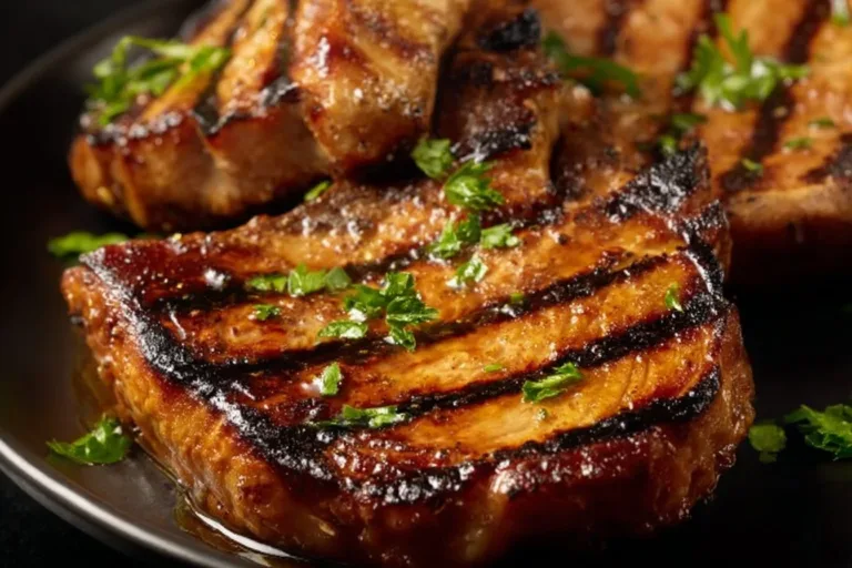 Juicy grilled pork chops on a plate with herbs and seasoning