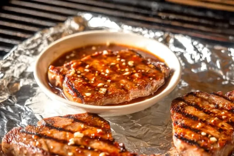 Grilled pork chops on a plate with herbs and spices