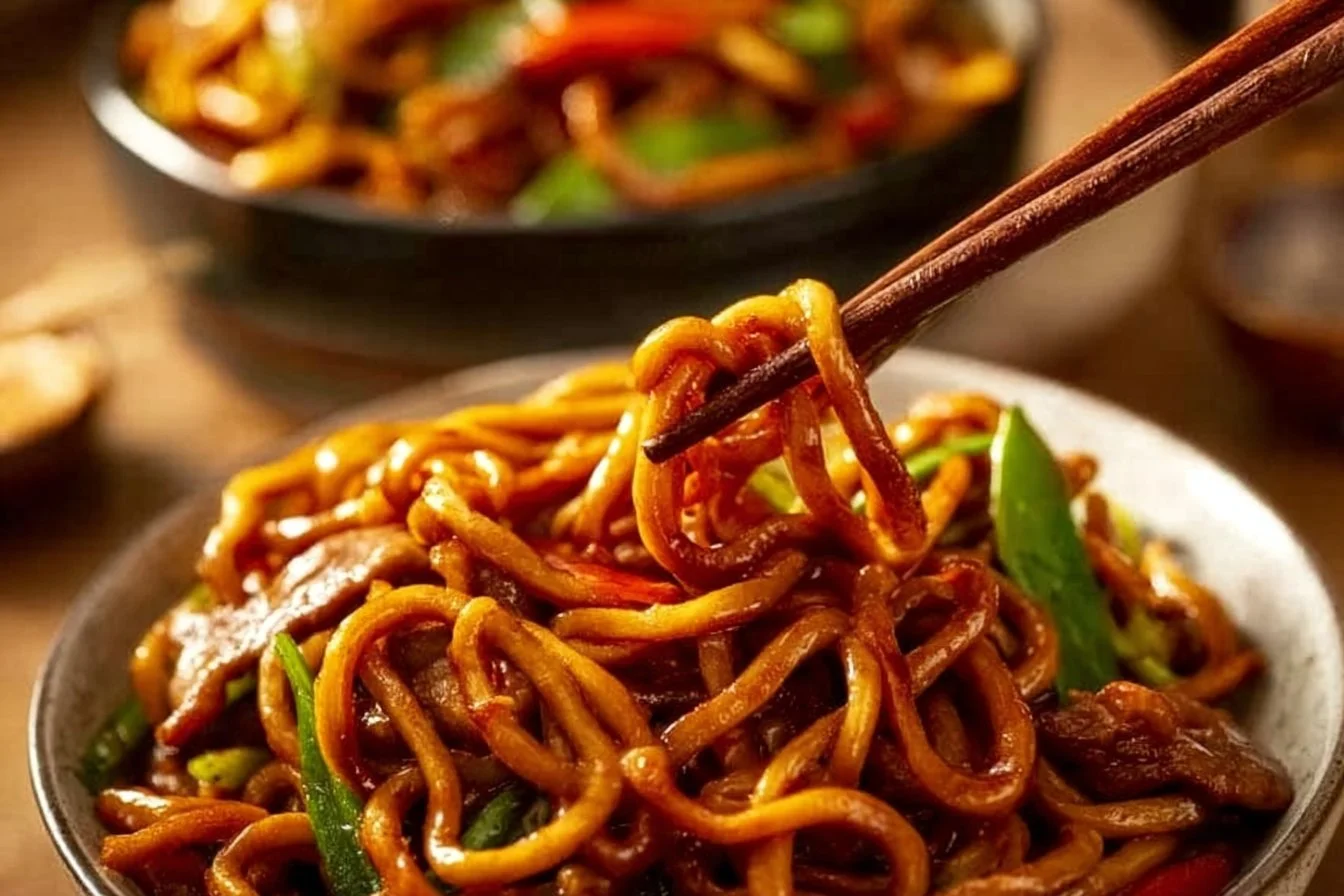 Plate of grilled udon noodles with vegetables and sauce