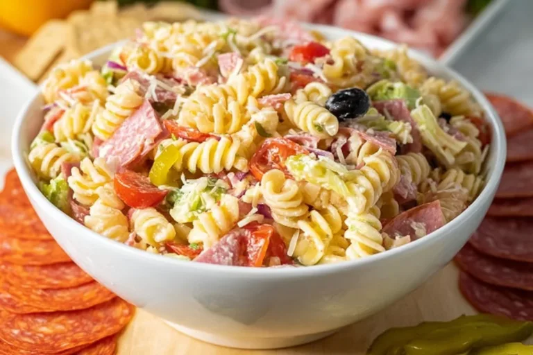 Bowl of colorful Grinder Pasta Salad with fresh vegetables and dressing