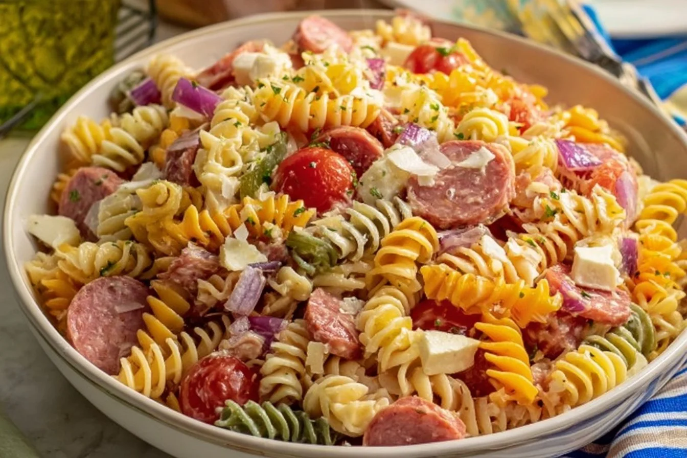 Colorful Grinder Pasta Salad with vegetables and dressing