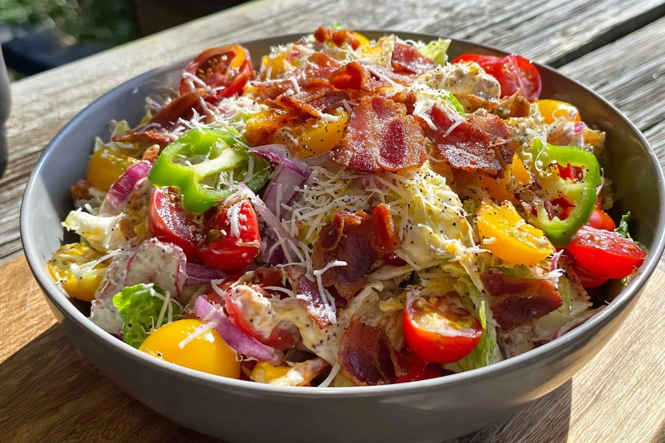 A colorful bowl of Grinder Salad Tortellini Pasta Salad with fresh ingredients.