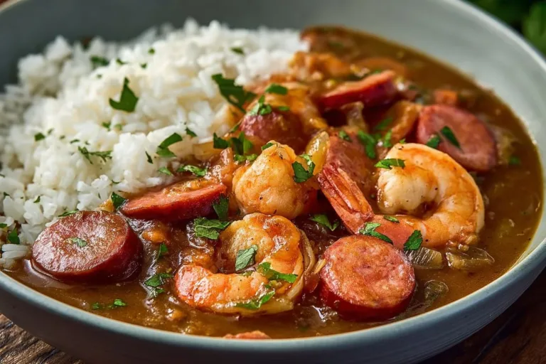 Bowl of traditional gumbo with seafood and spices
