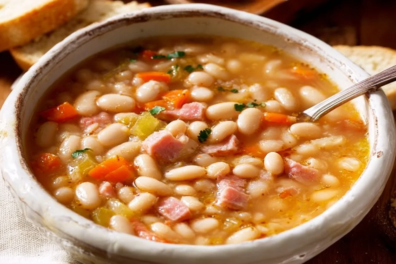 Bowl of hearty Ham and Bean Soup garnished with herbs and served with crusty bread