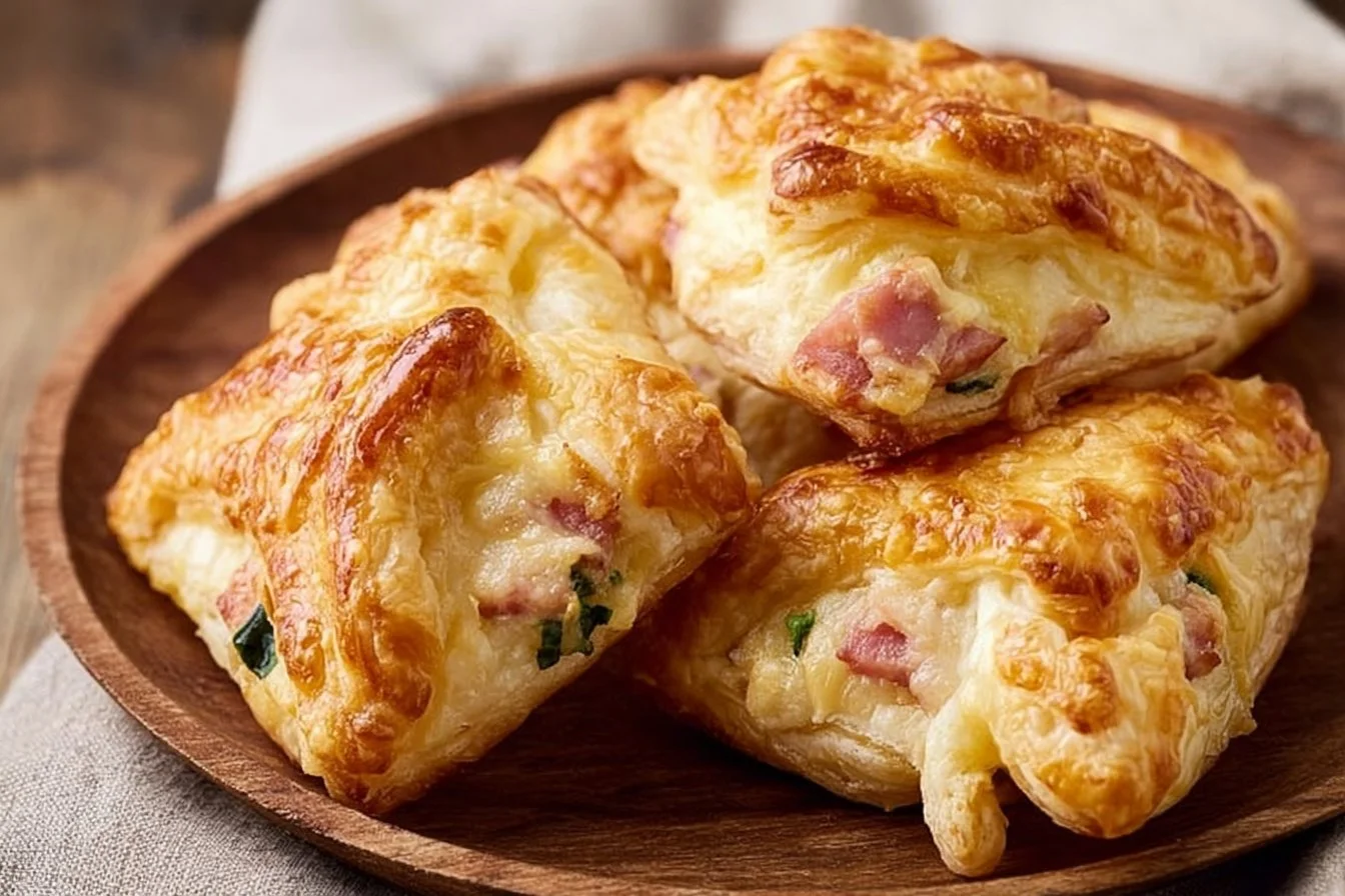 Golden ham and cheese puff pastry on a plate, fresh out of the oven