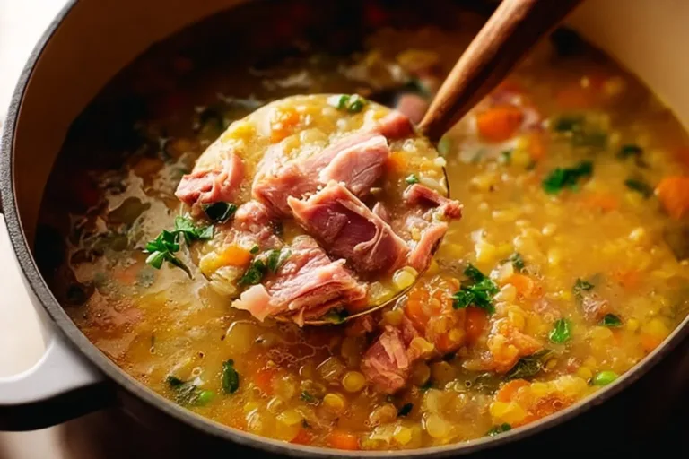Bowl of homemade Ham and Lentil Soup with vegetables and herbs