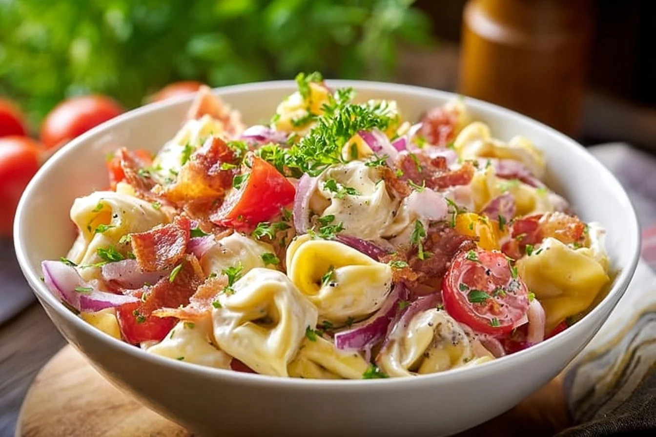 Healthy Grinder Tortellini Salad with fresh vegetables and dressing