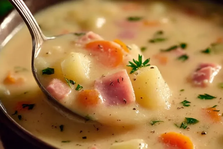 Bowl of healthy Yukon Gold potato ham soup with fresh herbs on top