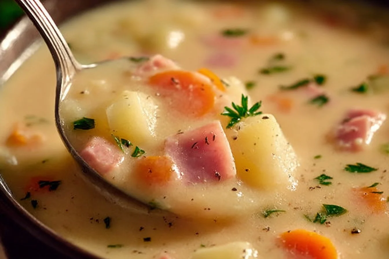 Bowl of healthy Yukon Gold potato ham soup with fresh herbs on top